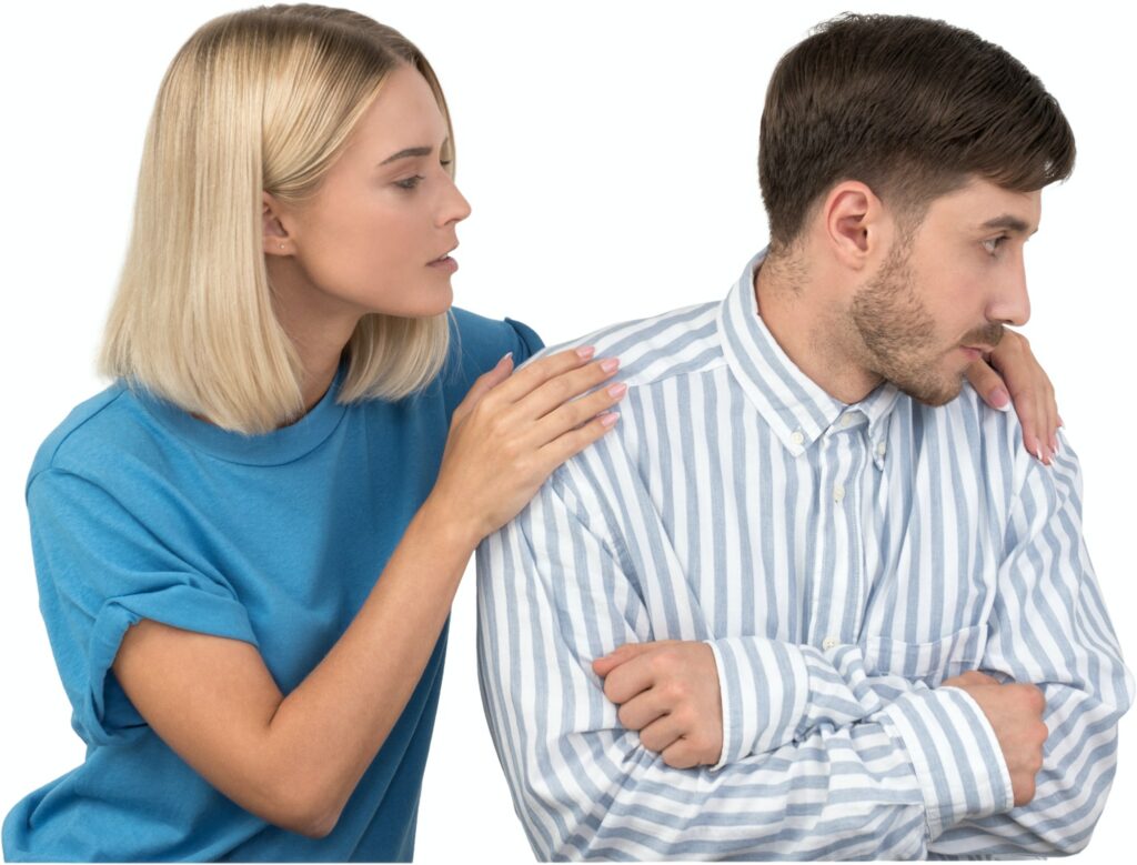 a woman comforting a man with a backache