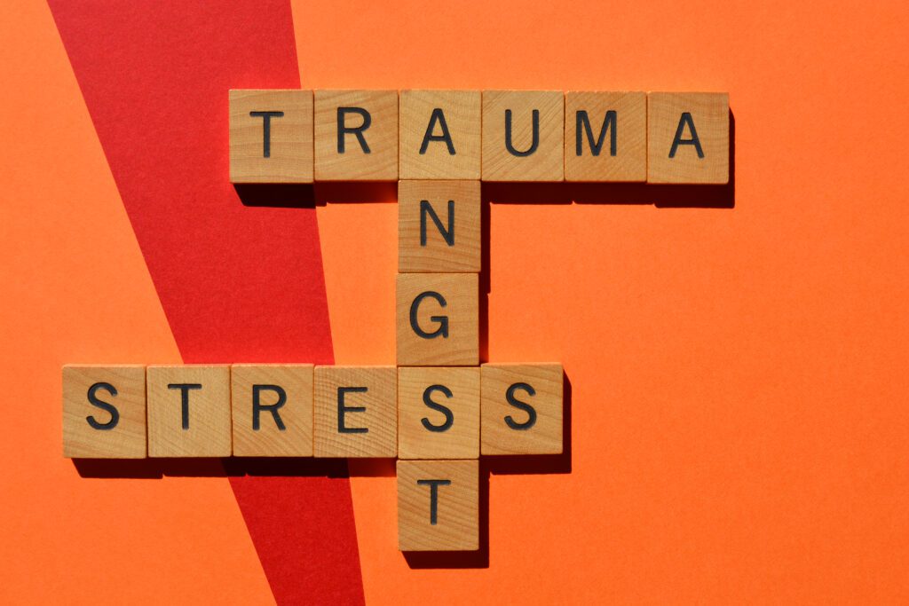 Trauma, angst, stress, words as crossword